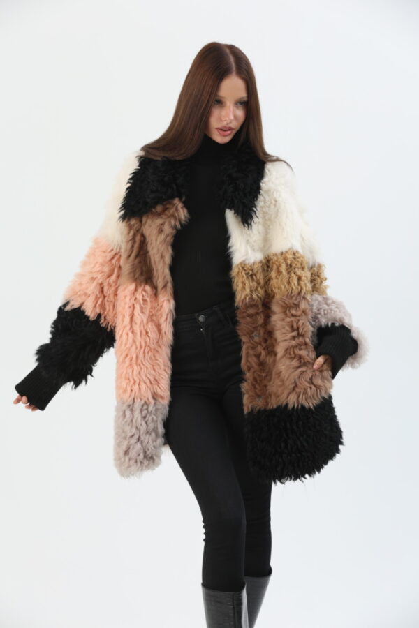 Sequoia Mixed Color Patchwork Shearling Coat (7) - 6